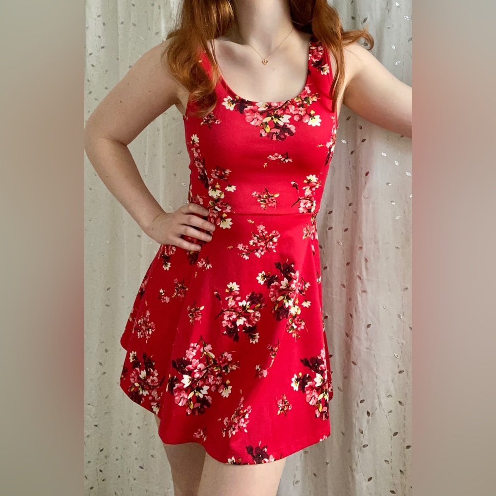 Red Floral Skater Dress (Small)